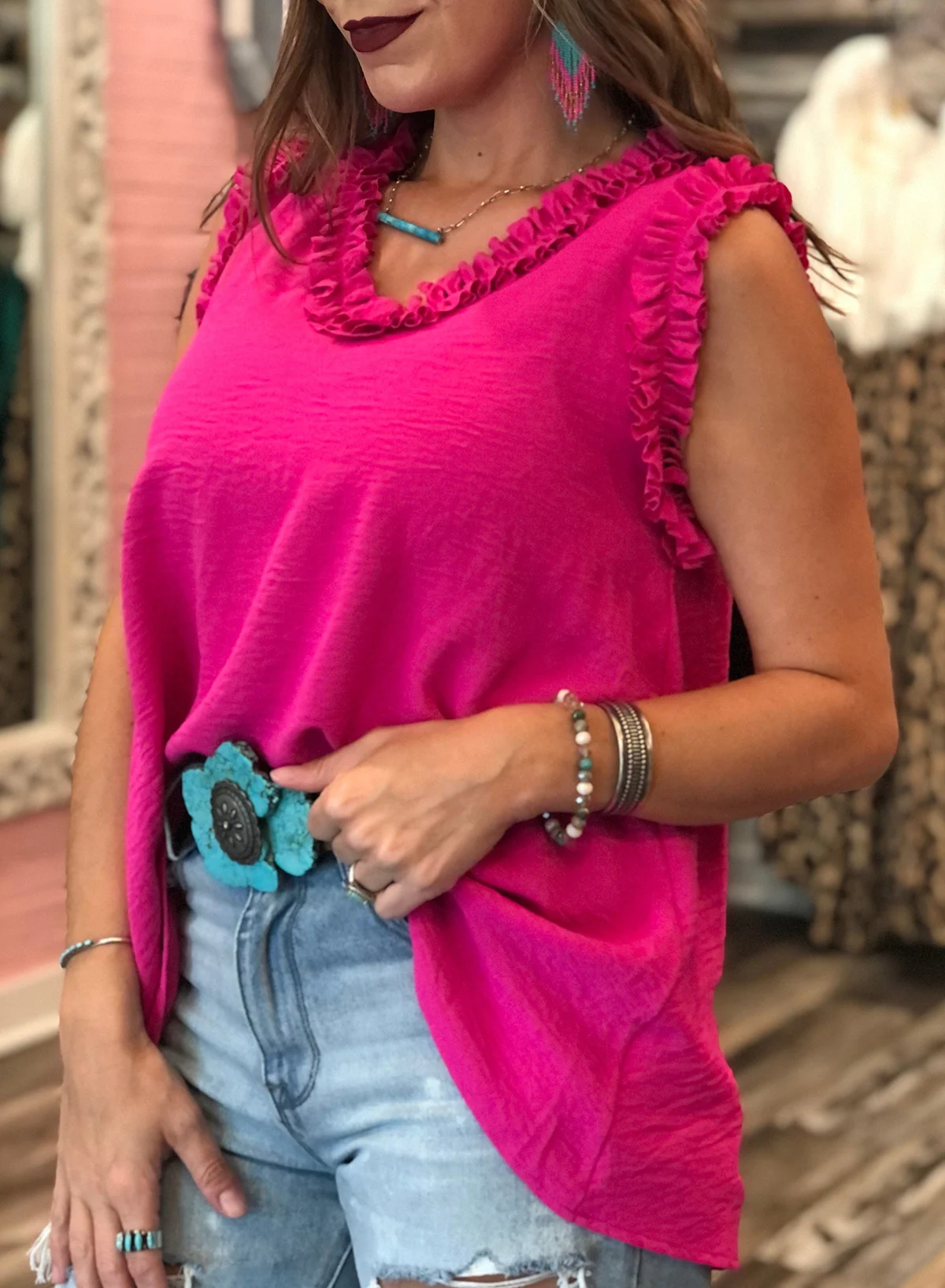 Dear-Lover Wholesale Fast Shipping Rose Frilled Trim Knit V Neck Lady Tank Top Women