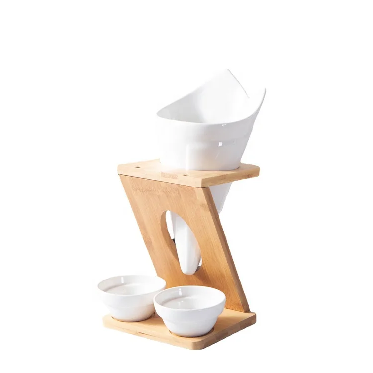 Custom Gifts Food Snack Serving Bowl Dishes Ceramic Ice Cream Cones Holders Snack Display Rack With Bamboo Rack