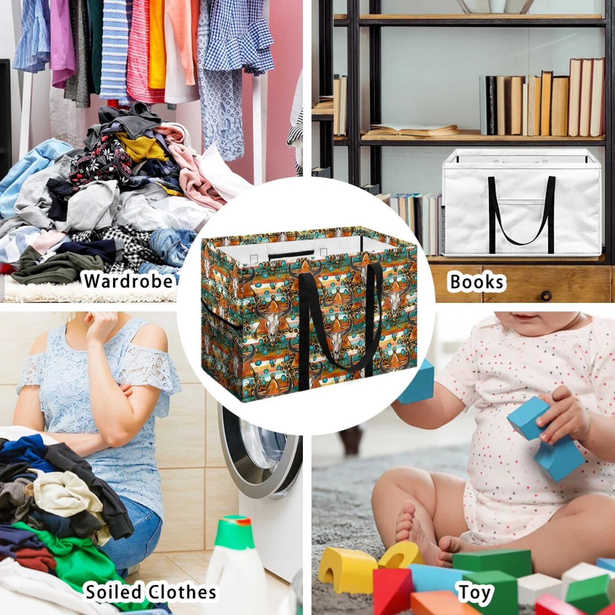 American Style Cow Bull Head Leopard Turquoise Striped Laundry Basket