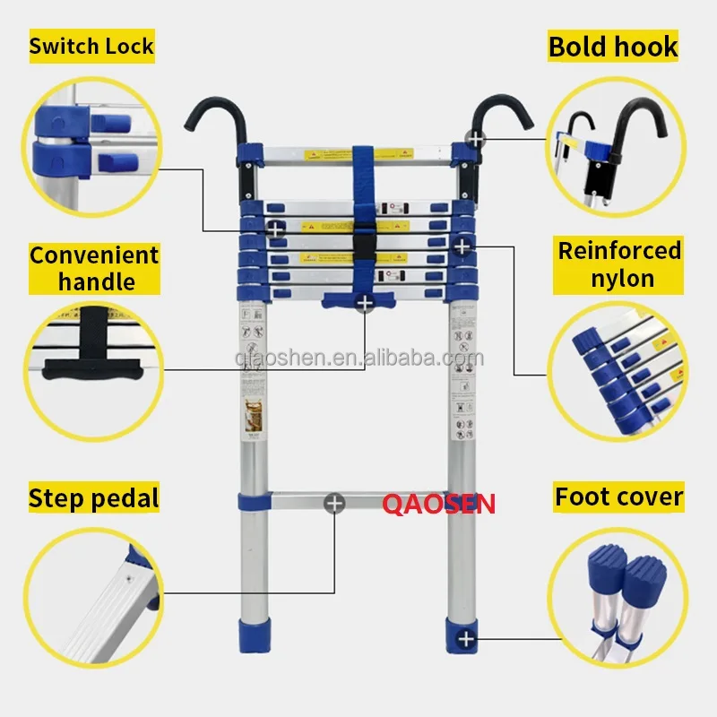 Blue Step Space 30cm 10CM Hook Telescopic Ladder Aluminium Straight Folding Round Feet Balance Bar EN131