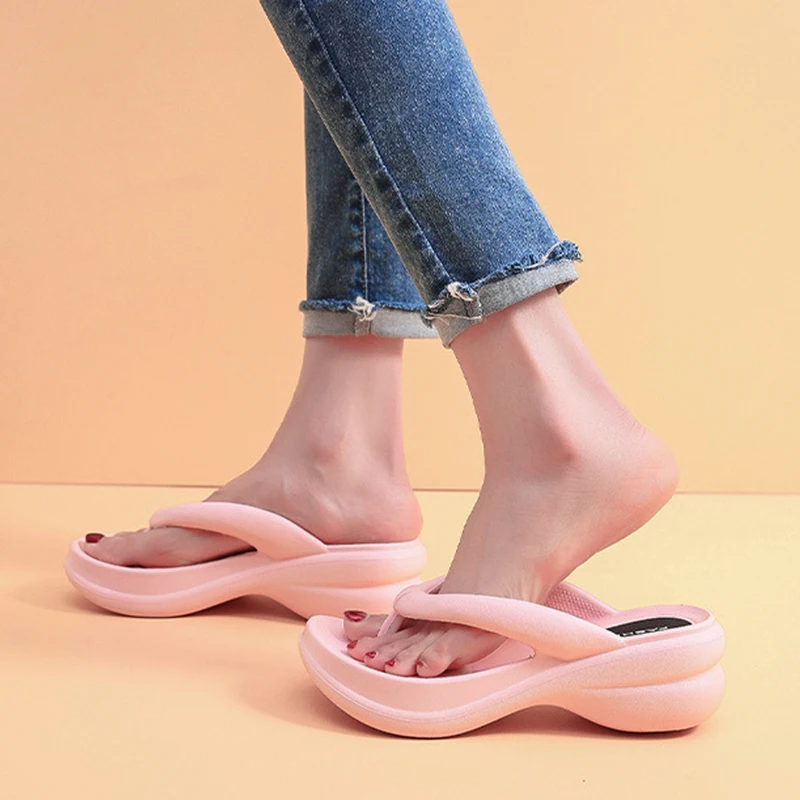 Wholesale Summer Beach Orthotics Platform Clip Toe Slippers Thick Sole EVA 6cm High Wedge Flip Flops For Women