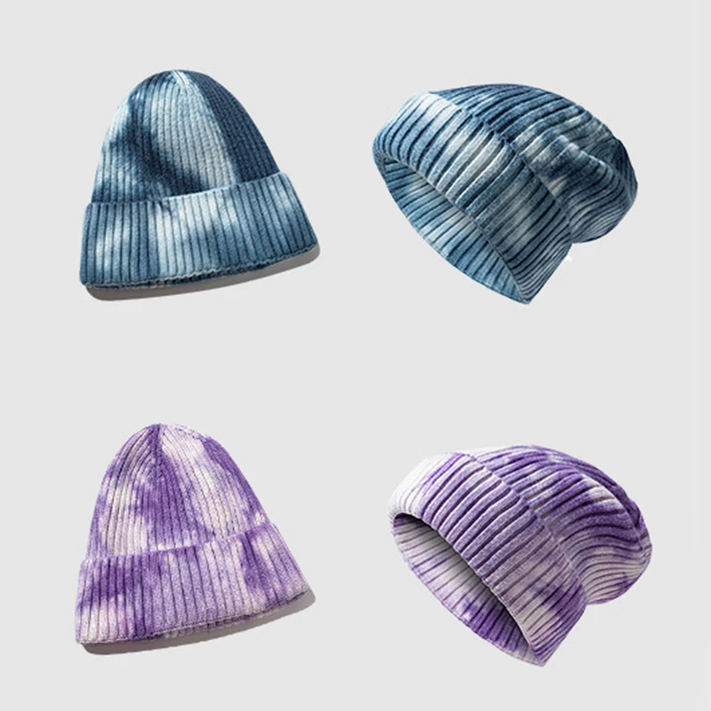 All over print tie dye head warmer knitted beanies winter streetwear tye dye beanie winter hats men women