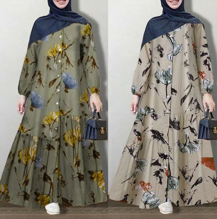 Hot Selling Cotton Dubai Muslim Lady Blouse Floral Print Blouse Women Abaya Women  Muslim Dresses