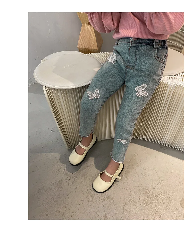 W1538YQ1600 new arrival baby girls jeans straight pant infant kids denim pants children clothing sets boutiques butterfly