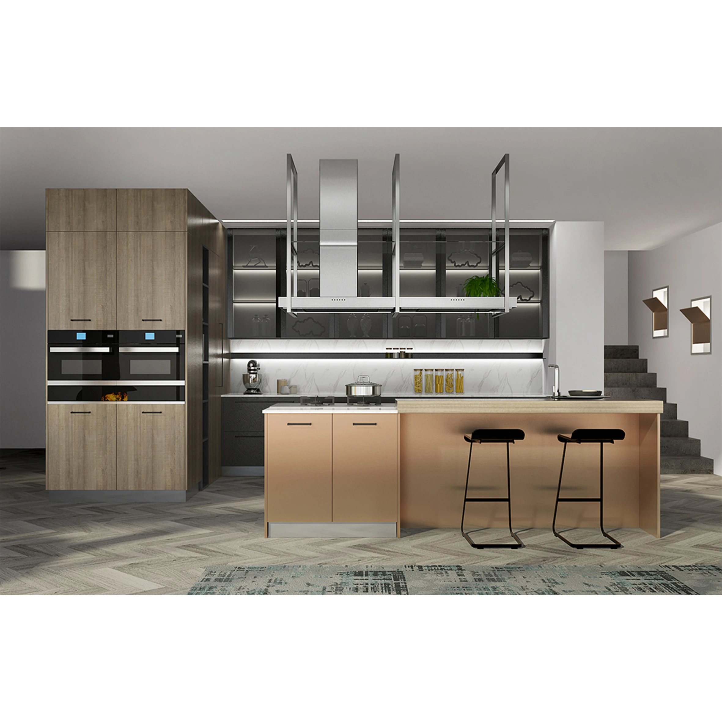 
Hot Sale Wholesale hotel project PVC kitchen cabinets with Insland 