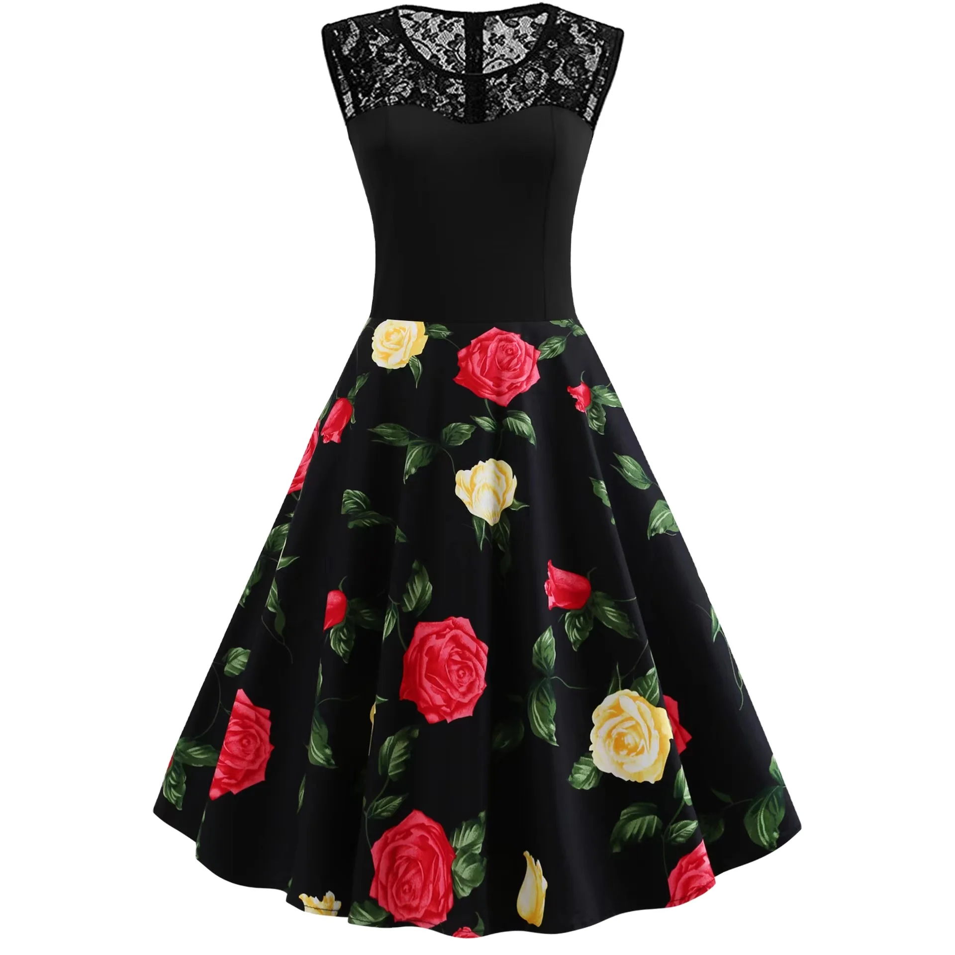 2023 fashion Lace sleeveless printed large size women retro dress
