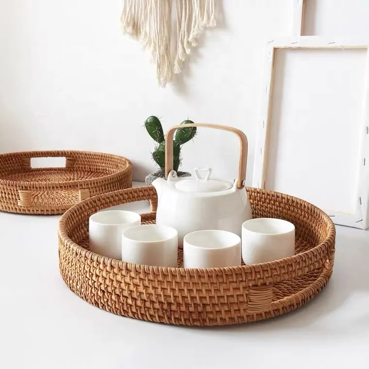 Wholesale Handmade Woven Vintage home Decoration Round Rattan Serving Tray With