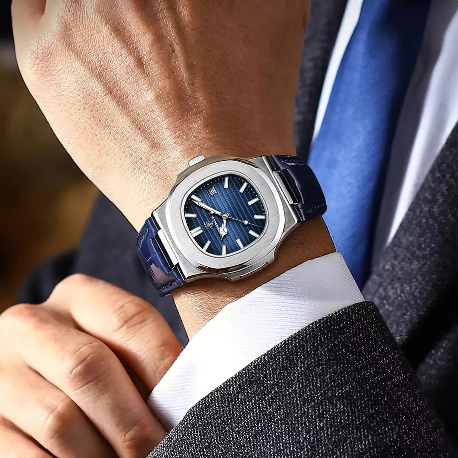 POEDAGAR 613 Stainless Steel Calendar Luminous Waterproof Male Clock Brand Fashion Square Dial Watch For Men Luxury Casual Watch