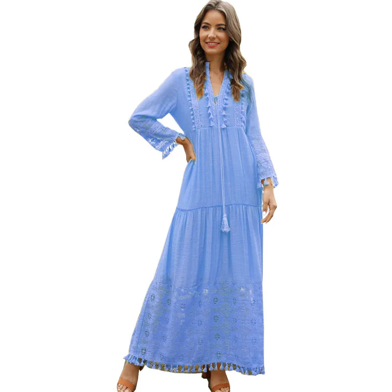 Cotton Long Dress Long Maxi Elegant Casual Bohemian Style Lace Tassel Stitching Beach Dress