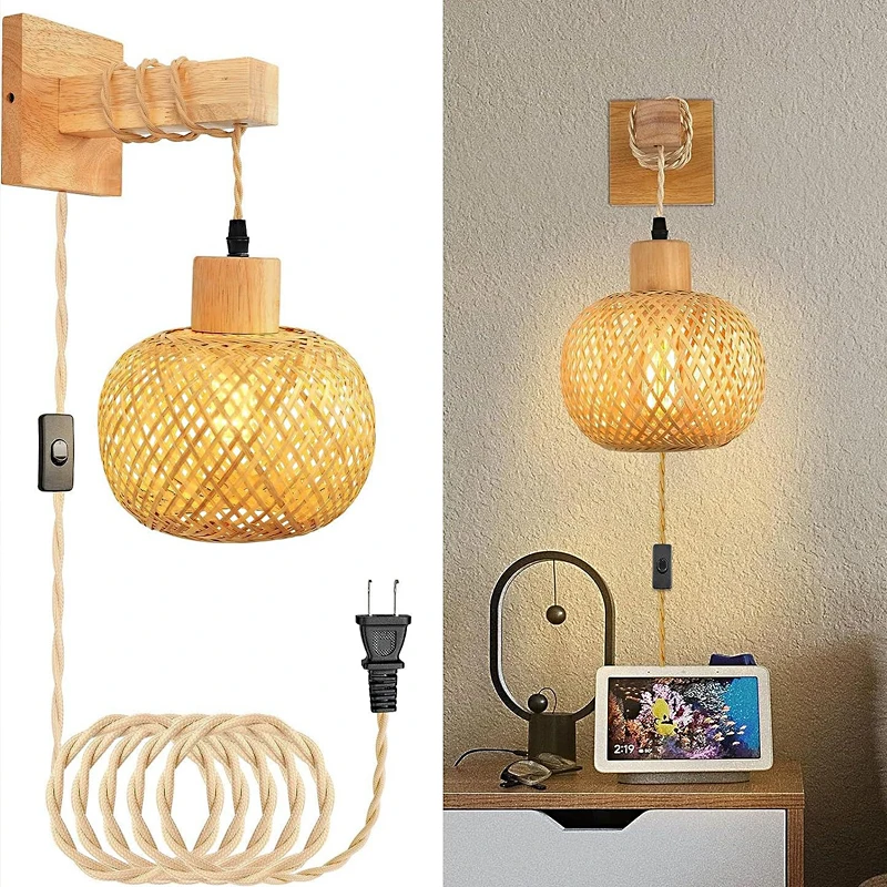 American Standard Customized Wall Hanging Suspension Adjustable Twisted Hemp Weaving Cord Bamboo Wood Wall Lamp