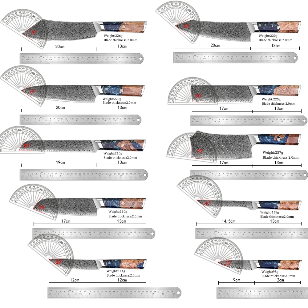 1-9 Pcs Damascus Knife Set Japanese Kitchen Knives VG10 Steel Core Ultra-Sharp Pro Chef Knife Set with Resin & Blue Wood Handles