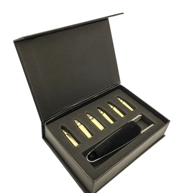 Silver/ Gold Stainless Steel Whiskey Stones Bullets Gift Set with Base, Set of 6 Large Bullet Shaped Reusable Metal Ice Cube