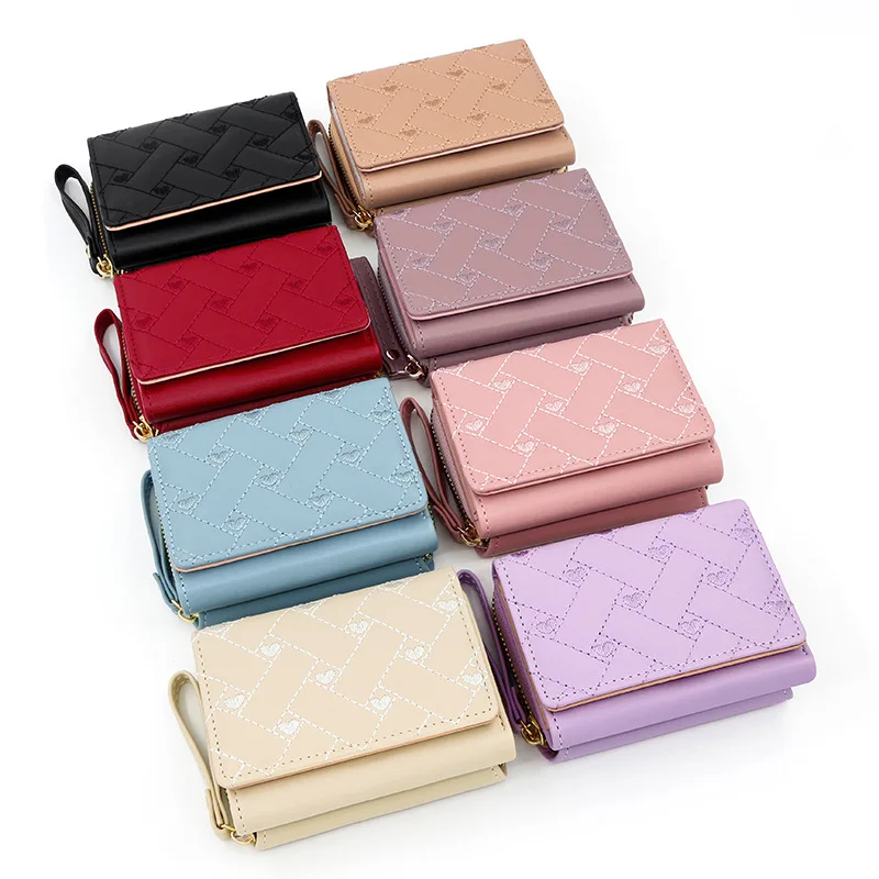 Fashion embroidered printed multi slot short wallet with zipper