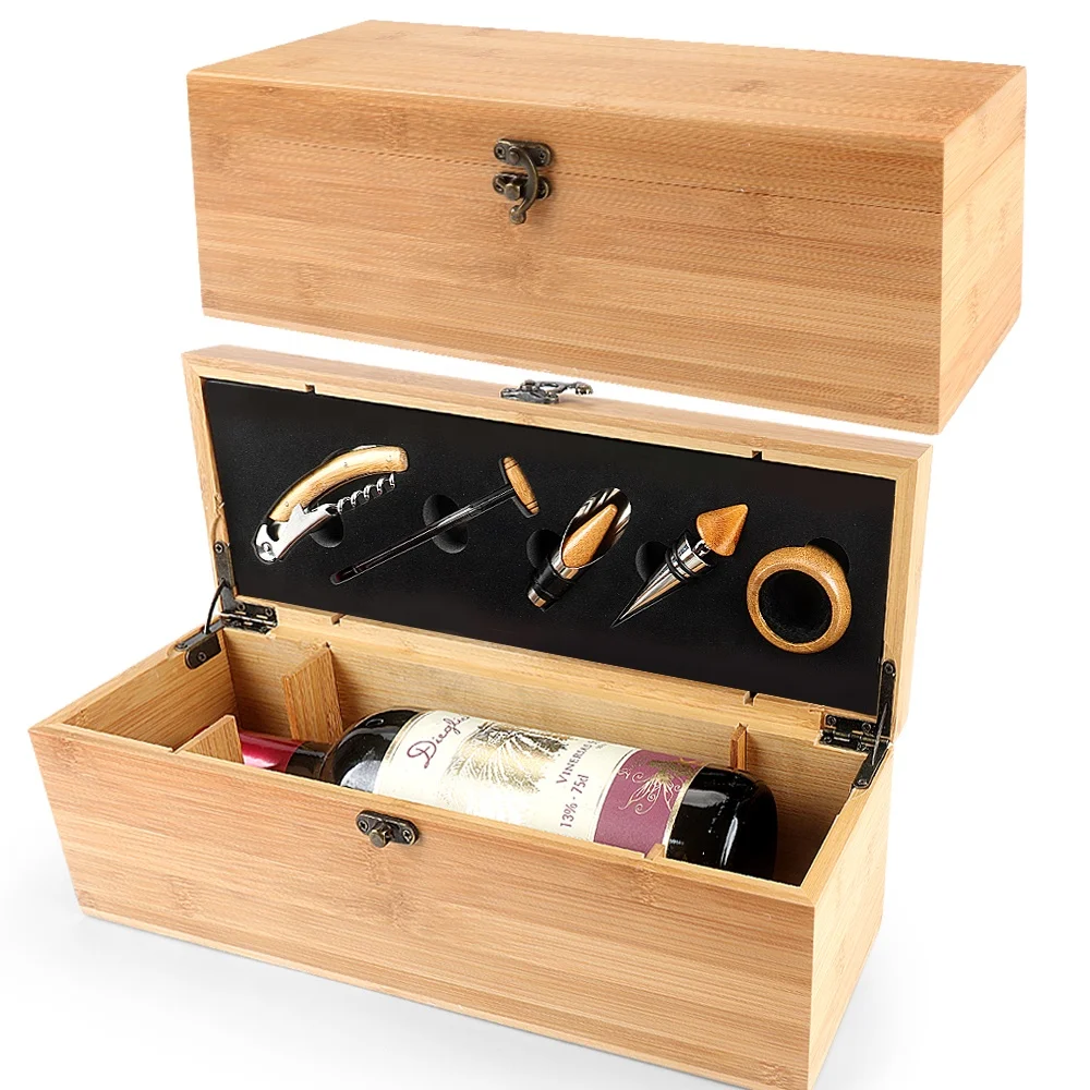 Factory Hot sale bamboo premium gift wine bottle packaging box single gift wine box with wine accessories