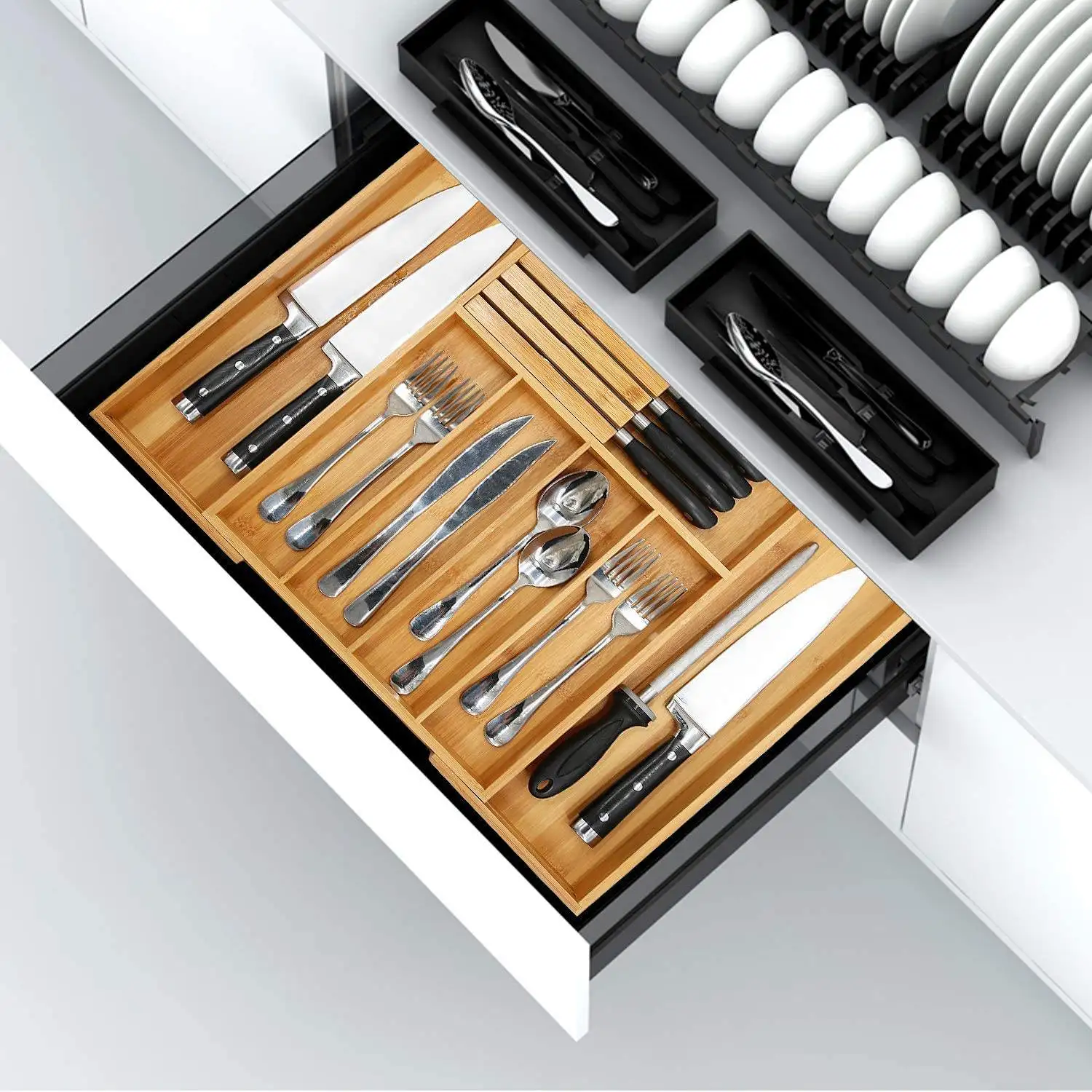 Hot Sale Bamboo Kitchen Drawer Utensil Organizer Expandable Cutlery Tray with Divider Flatware Storage