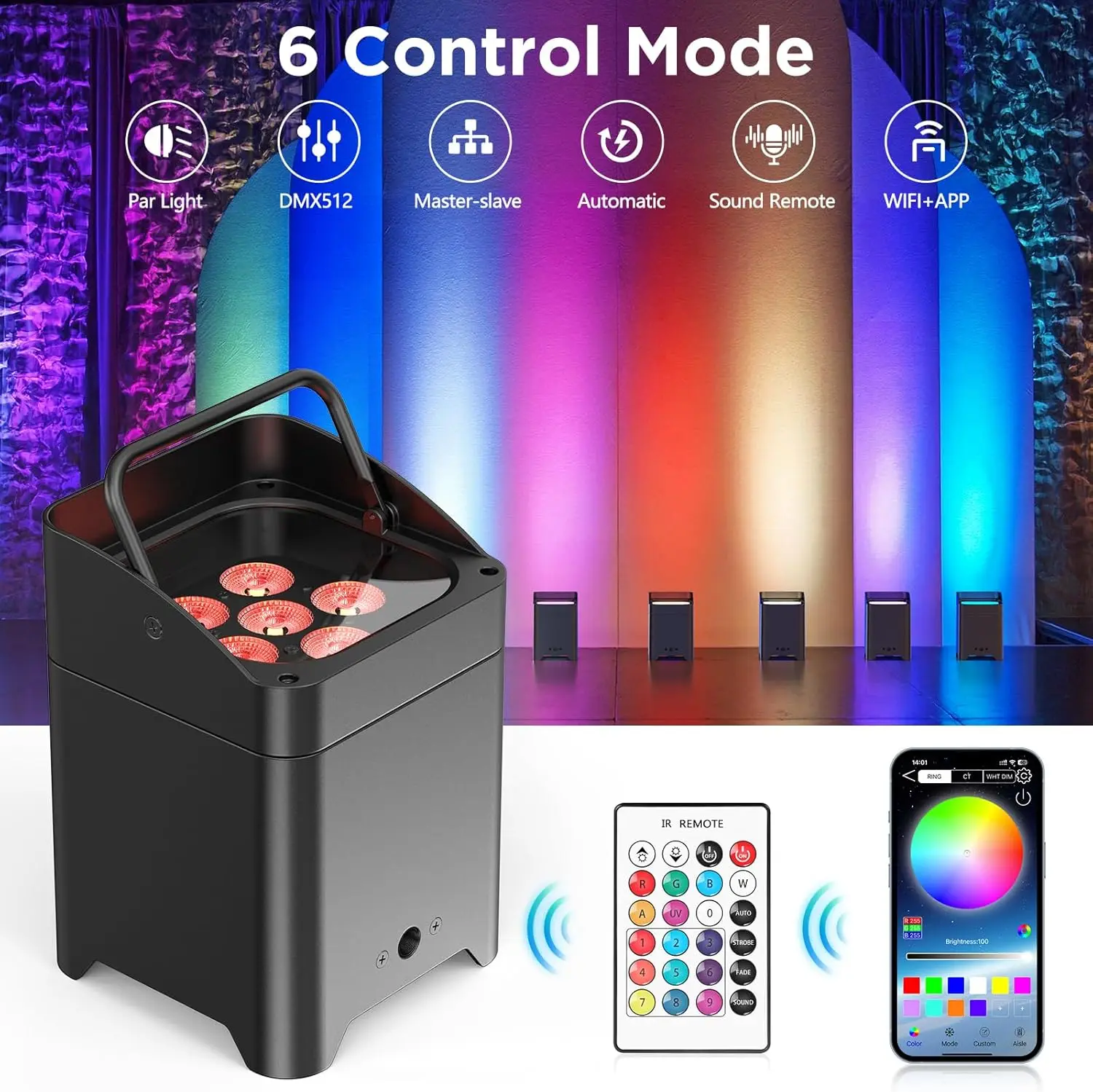 Battery Powered Uplights Rechargeable Par Can 6X18W RGBWA UV LED Uplight Remote APP DMX512 Control LED Stage Lights Up Lighting