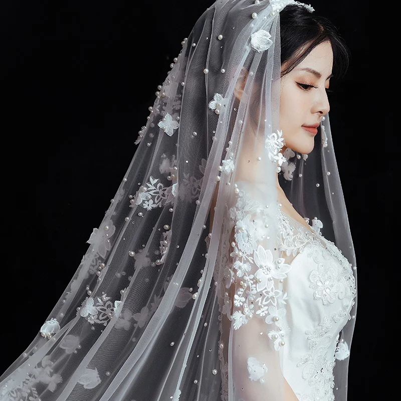Feishiluo Luxury  Bead Diamond Bridal Veils One layer Long Cathedral  full flower lace wedding  veil with comb 350 cm long