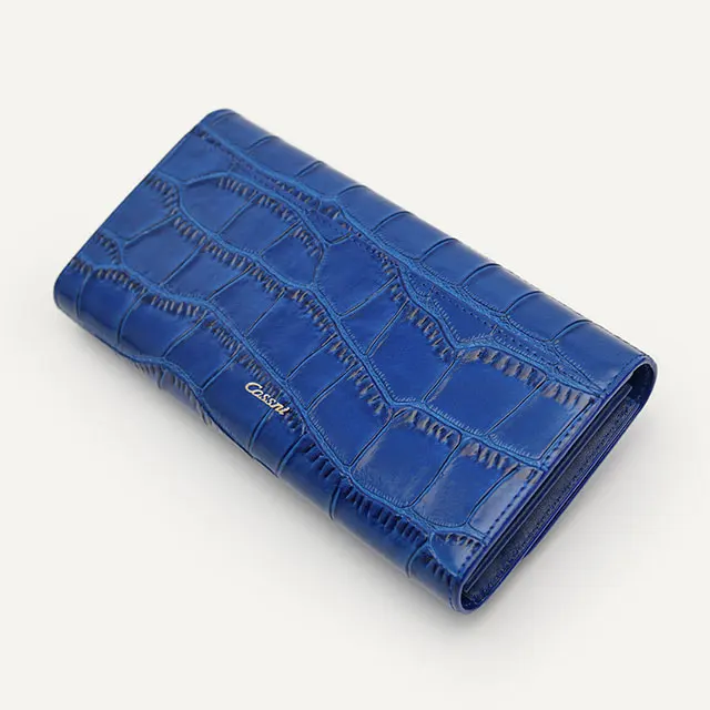 Embossed crocodile cow leather flat girls clutch wallet small zip pocket long cash wallet