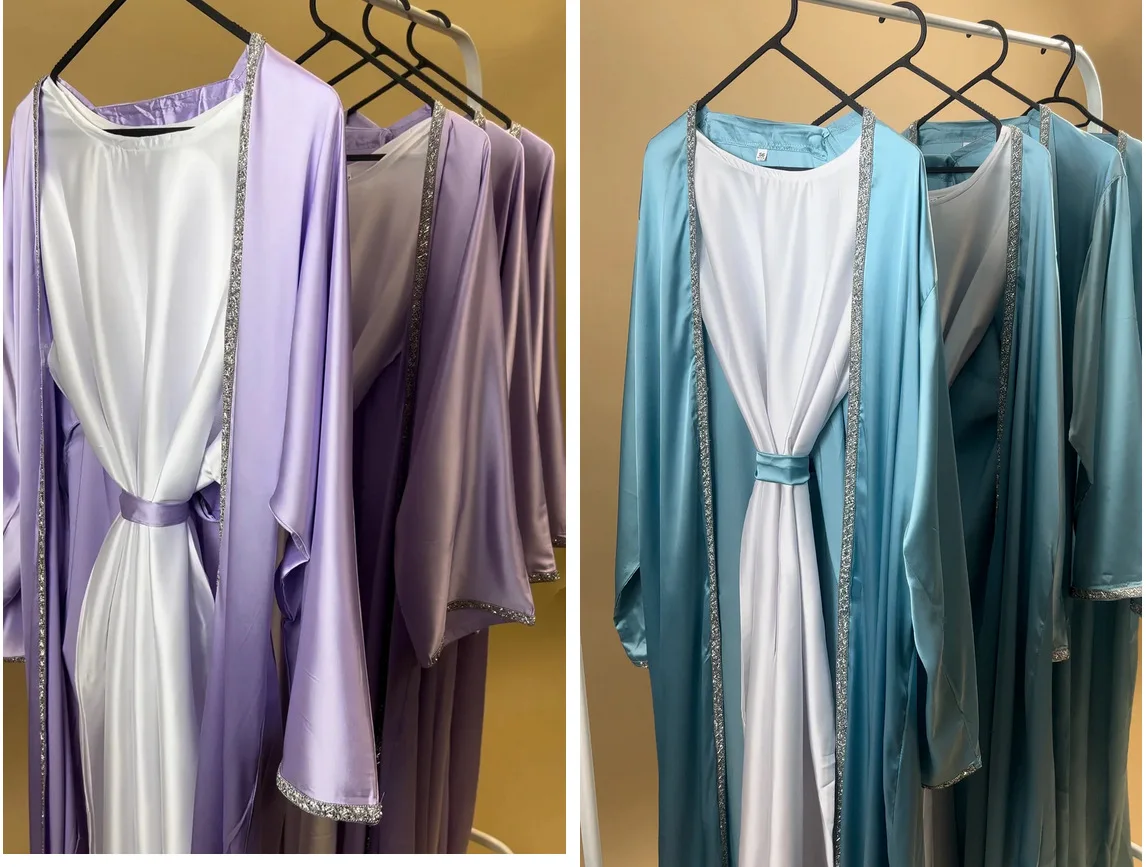 2024 New arrival plain color satin islamic Eid dress sets rhinestone decoration free with belt Turkey open abaya
