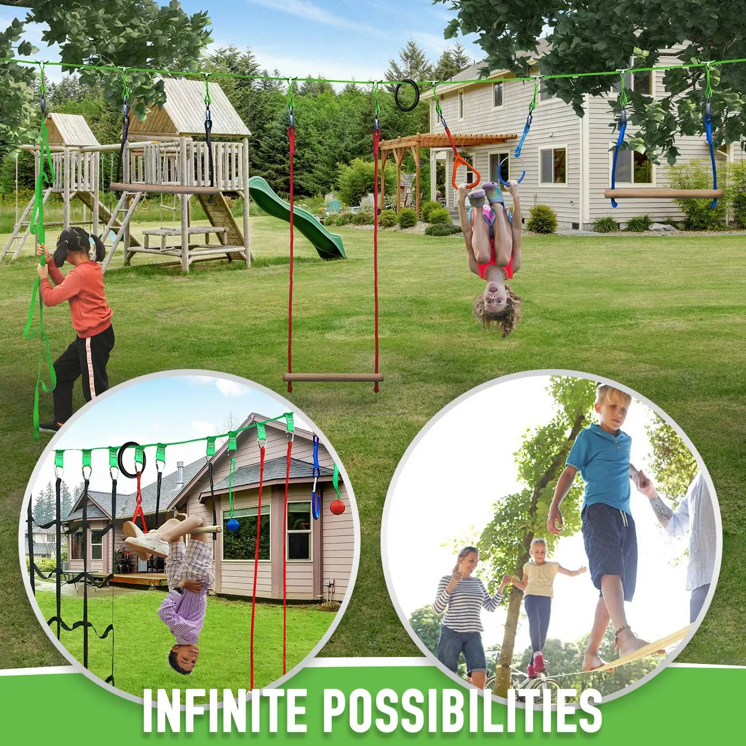 36,40,45,50,56 Feet Ninja Slackline Monkey Bar Ninja Warrior Obstacle Course For Kids Slackline