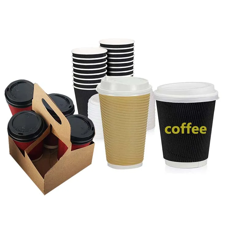 Customized  Hot Drink Cardboard Cup Holder Tray Takeaway Cup Carrier With Handle Kraft Take Out Coffee Paper Cup Holder Tray
