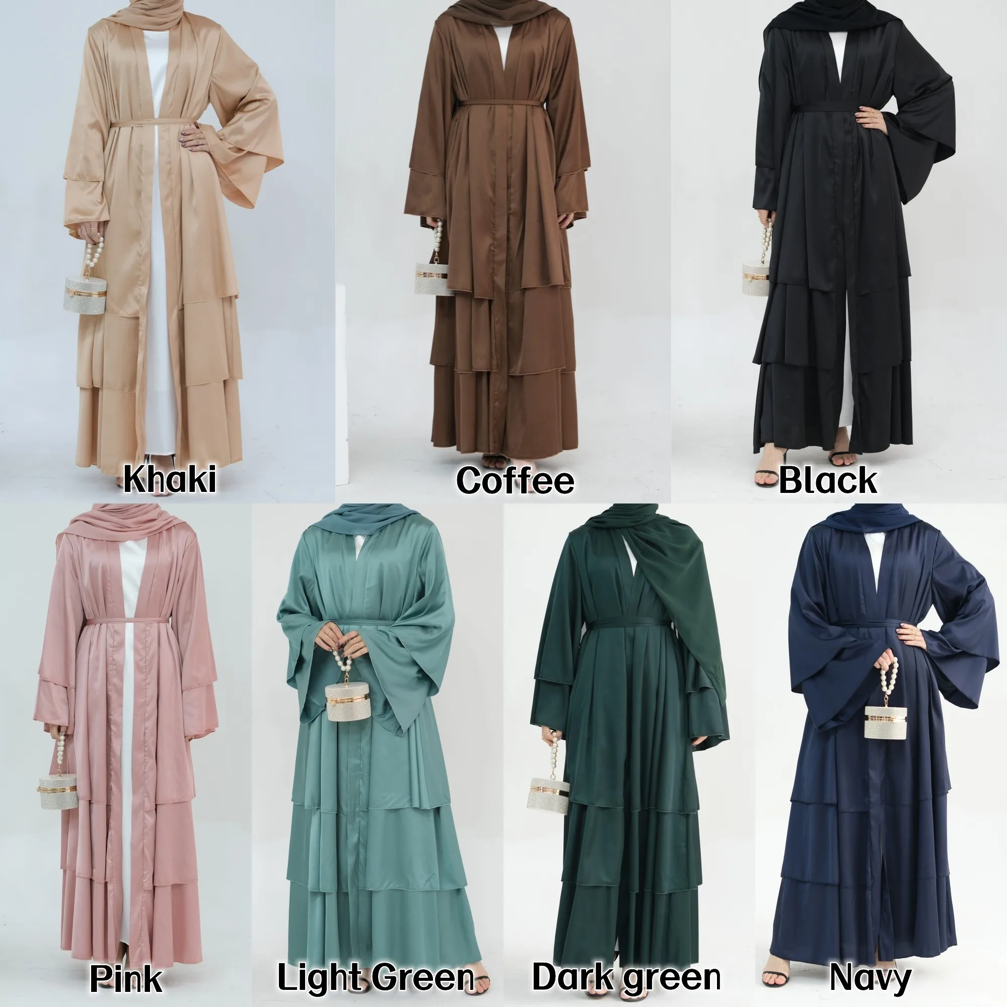 2024 Islamic Clothing Eid Dubai Elegant Modest Abaya Women Muslim Dress 3 Layers High Quality Satin Silk Open Abaya