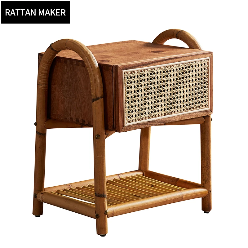 Nordic Style Living Room Storage Cabinet Apartment Small Bedroom Nightstand Wooden Rattan Bedside Table