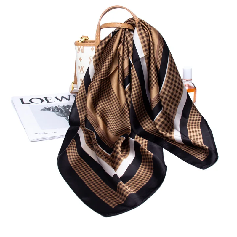 In Stock  fashion new arrival custom designer luxury satin silk scarf printing square 70*70cm satin shawl for women