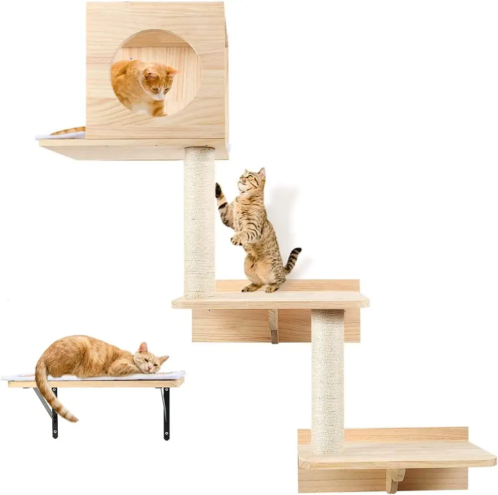 Wooden Cat Activity Tree Tower Set Cat Wall Shelves With Climbing Step Scratching Post And Interior Bed Area For Sleeping