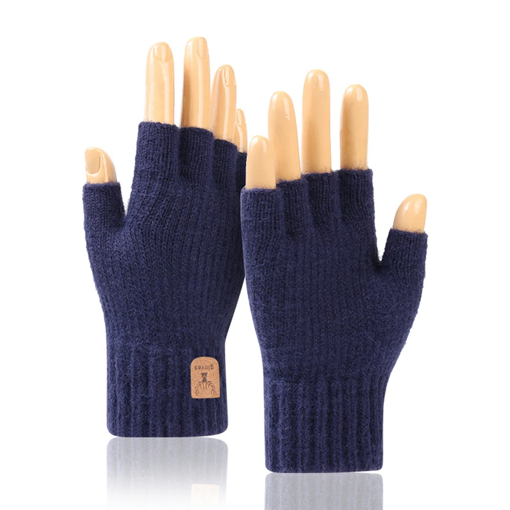 wholesale Thickened Alpaca Fiber Wool Half Finger Gloves Autumn and Winter Warm Fleece Inside Knitted Gloves