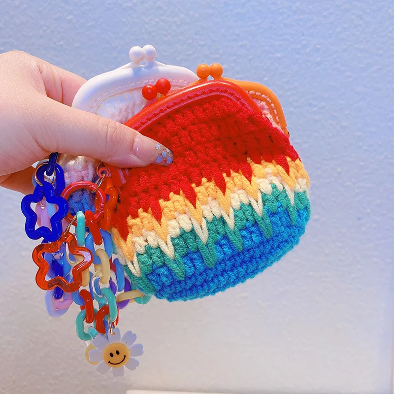 Vintage Women Handmade Crochet Coin Purse Rainbow  Gradient Chain Trendy Star Hook Weaving Knitted Wallet Women Small Handbag