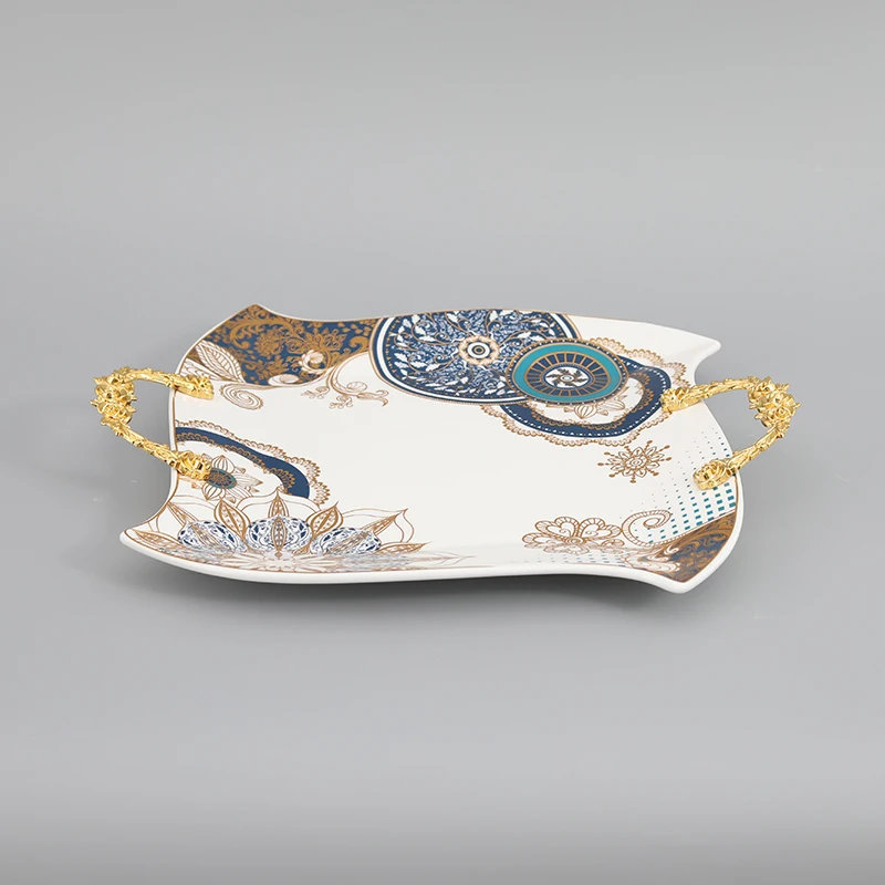 Hot Selling Irregular Square Shape Decorative Ceramic Embossed Decal  Fruit Candy Chocolate Tray Plate Set