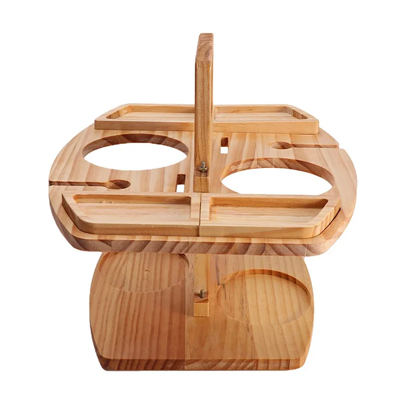Outdoor Portable Bamboo Wood Tray Fruit Plate Picknick Wine Rack Picnic Table with Handle