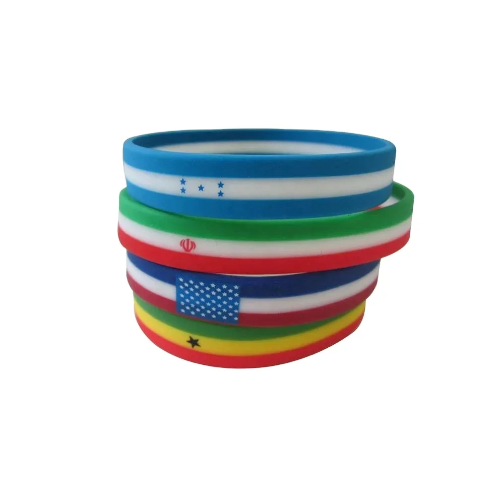 Customized Personalized Country Flag Layer Tricolors Strips Printing Sports Silicone Rubber Wristband Hand Bracelet Band