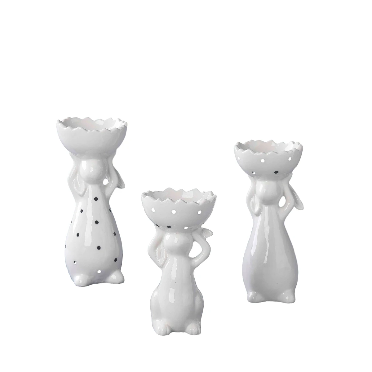 Custom Ceramic Porcelain white Easter Bunny rabbit holding Basket for Spring Easter Egg Holder Tray