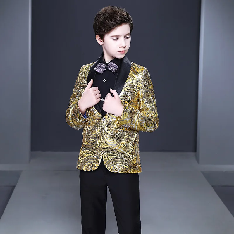 6-16y Gold Sequined Elaborate Kids Clothing Children Wear Plus Size Men Suits Host Piano Performance Flower Boys Tuxido Blazer