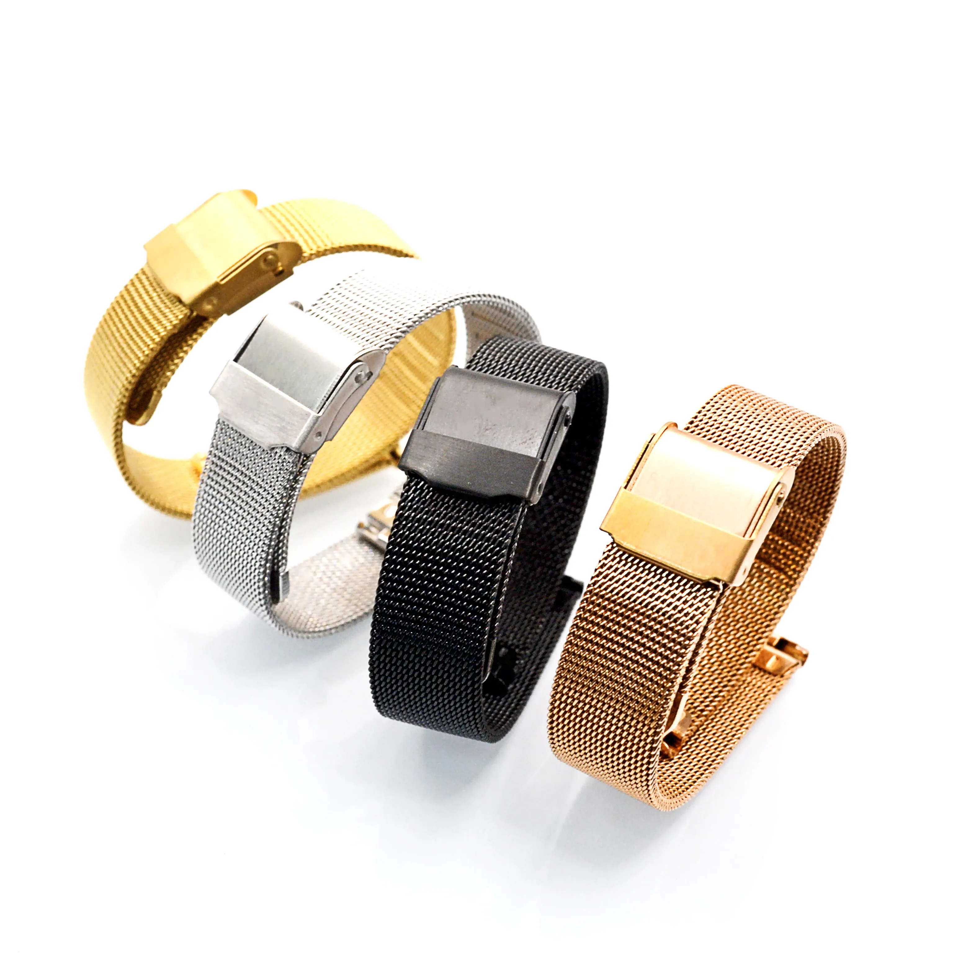 New  product 0.4mm wire black stainless steel mesh watch band with safty buckle for smart bracelet smart watch 14 - 22mm