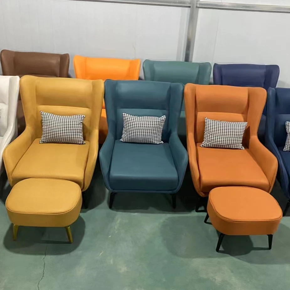 Modern simple armchair PU leather fabric iron frame for living room Nordic style leisure chair high back single sofa with stool