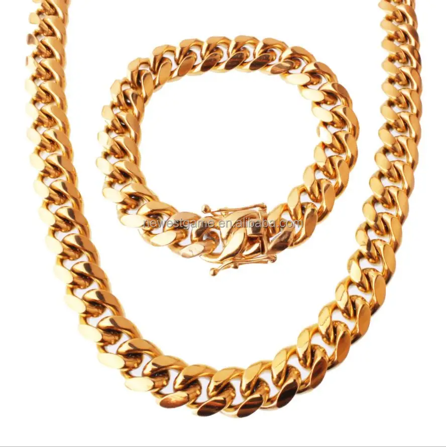 
12mm men Stainless Steel Jewelry 24K Gold Filled Plated High Polished Cuban Link Necklace For Men Punk Curb Chain Dragon-Beard 