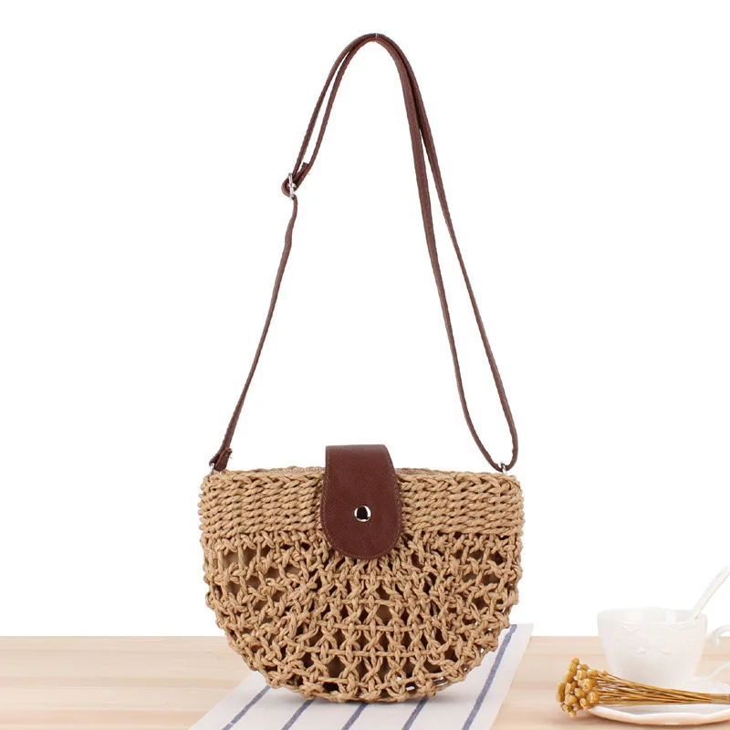 CPC Half Moon Straw Bag Crossbody Bag For Girl And Women Simple Style Pure Color Summer Mini Beach Straw Tote Bag