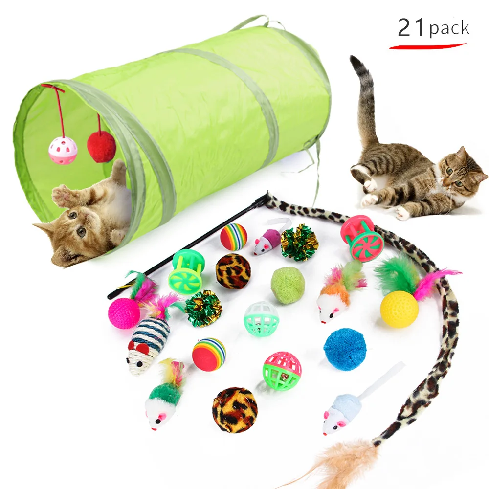 Manufacturer wholesale 21 packs tunnel mouse plush ball bell interactive cat toys set