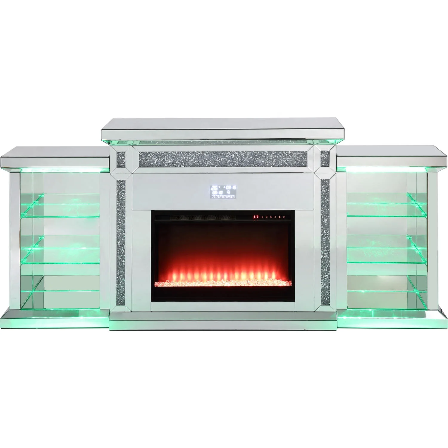 Faux diamond crystal glam mirrored TV console LED light fireplace with bluetooths
