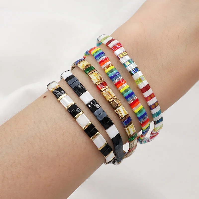 Wholesale Custom Colorful Miyuki Bracelet Jewelry Women Girl Gift Elastic Boho Flat Tila Tile Handmade Miyuki Seed Bead Bracelet