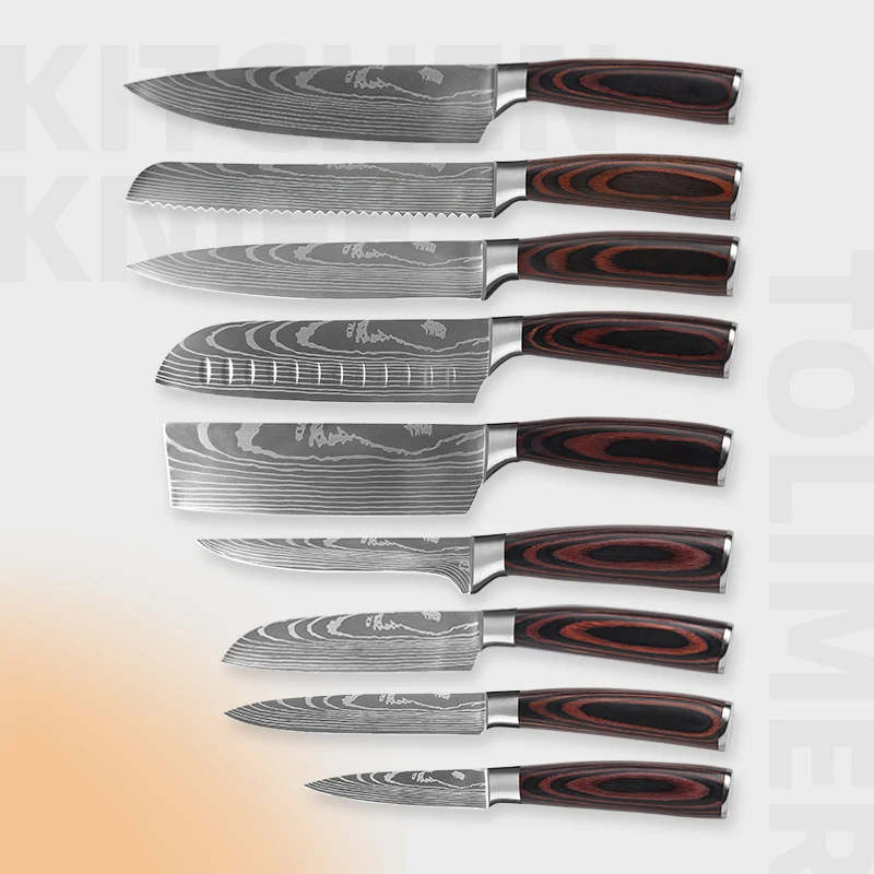 9PCS Kitchen Chef Knives Set 8 Inch Stainless Steel 4CR13 Damascus Laser Pattern with Magnetic Gift Box Packing