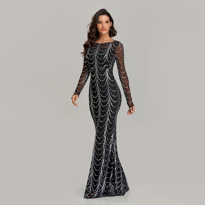 2021 New Arrival Long Sleeve O Neck Sequin Prom Dresses 2020 Evening Mermaid Floor Length Dresses