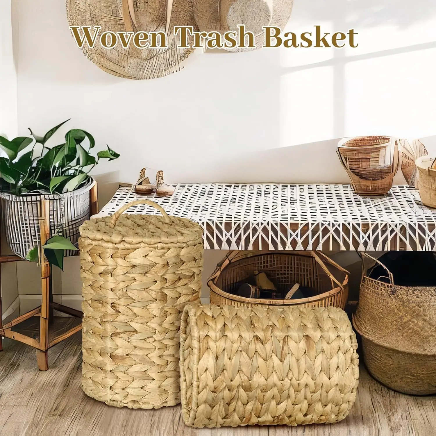 Natural Waste Basket Garbage Bin Seagrass Wicker Water Hyacinth Round Waste Basket Trash Bin With Lid