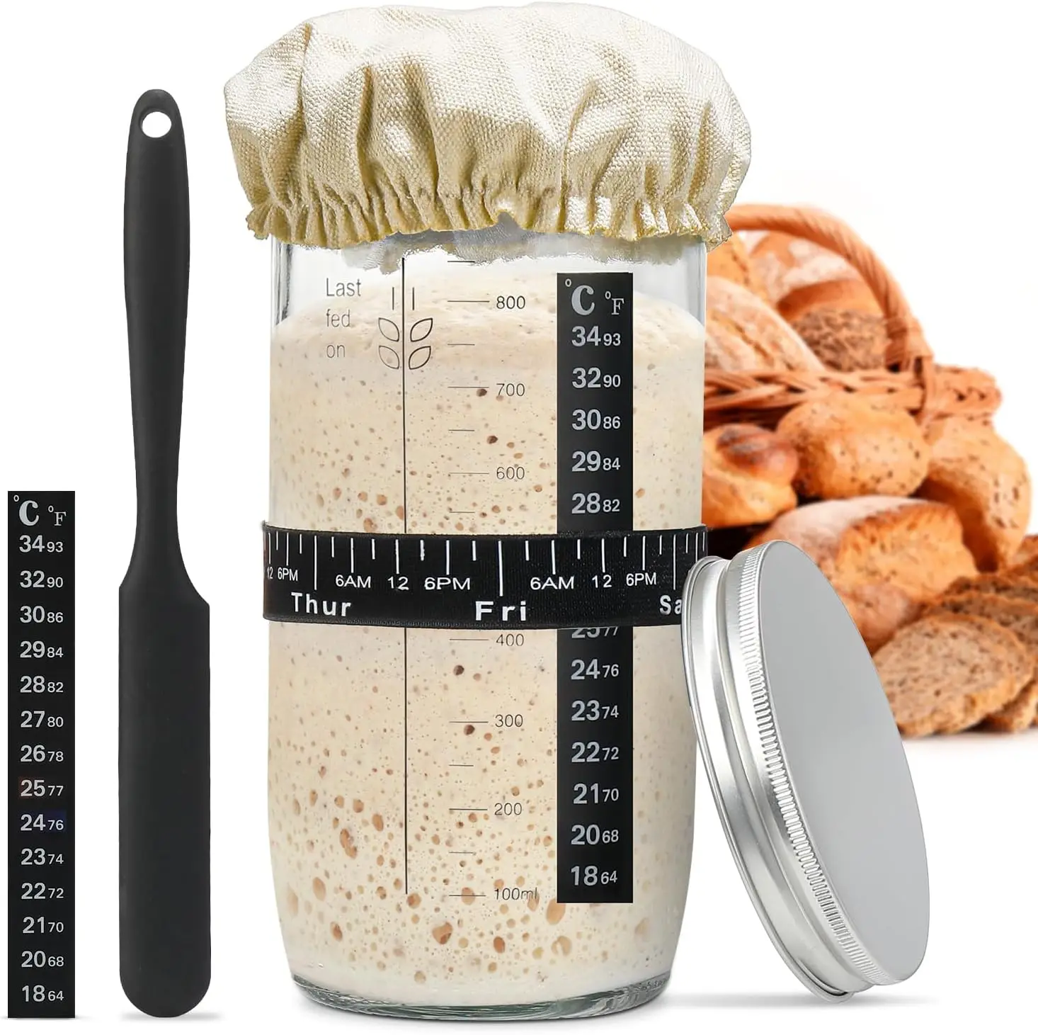 Sourdough Starter Jar Kit with Date Marked Feeding Band, Thermometer, Sourdough Fermentation Jar Scraper,  Cloth Cover
