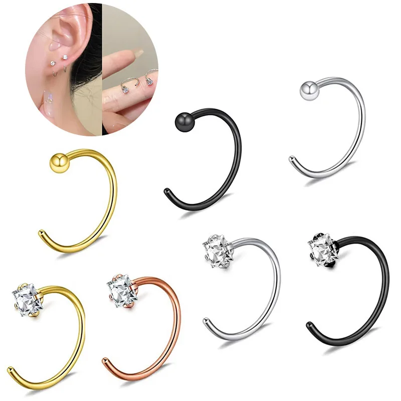 NUORO Stainless Steel Rod C-shaped Square Zirconia Nose Ring Body Piercing Jewelry Geometric Open Nose Ring