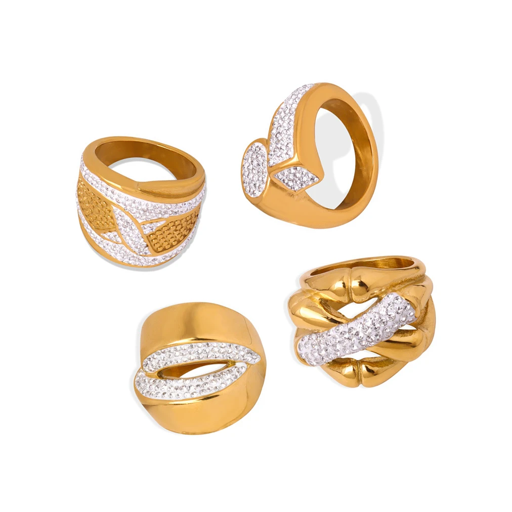 Non Tarnish Diamond Jewelry Gold Plated Stainless Steel Luxury Cubic Zirconia Cross Chunky Large Rings