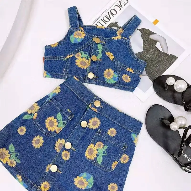 2022 New sweet baby girls clothing summer fashion girls suit denim high waist sling top and skirt two-piece suit